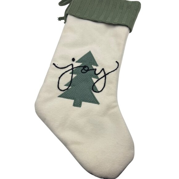 Christmas Stocking With Green Knit Cuff & Embroidered Joy Tree Design - Picture 2 of 6